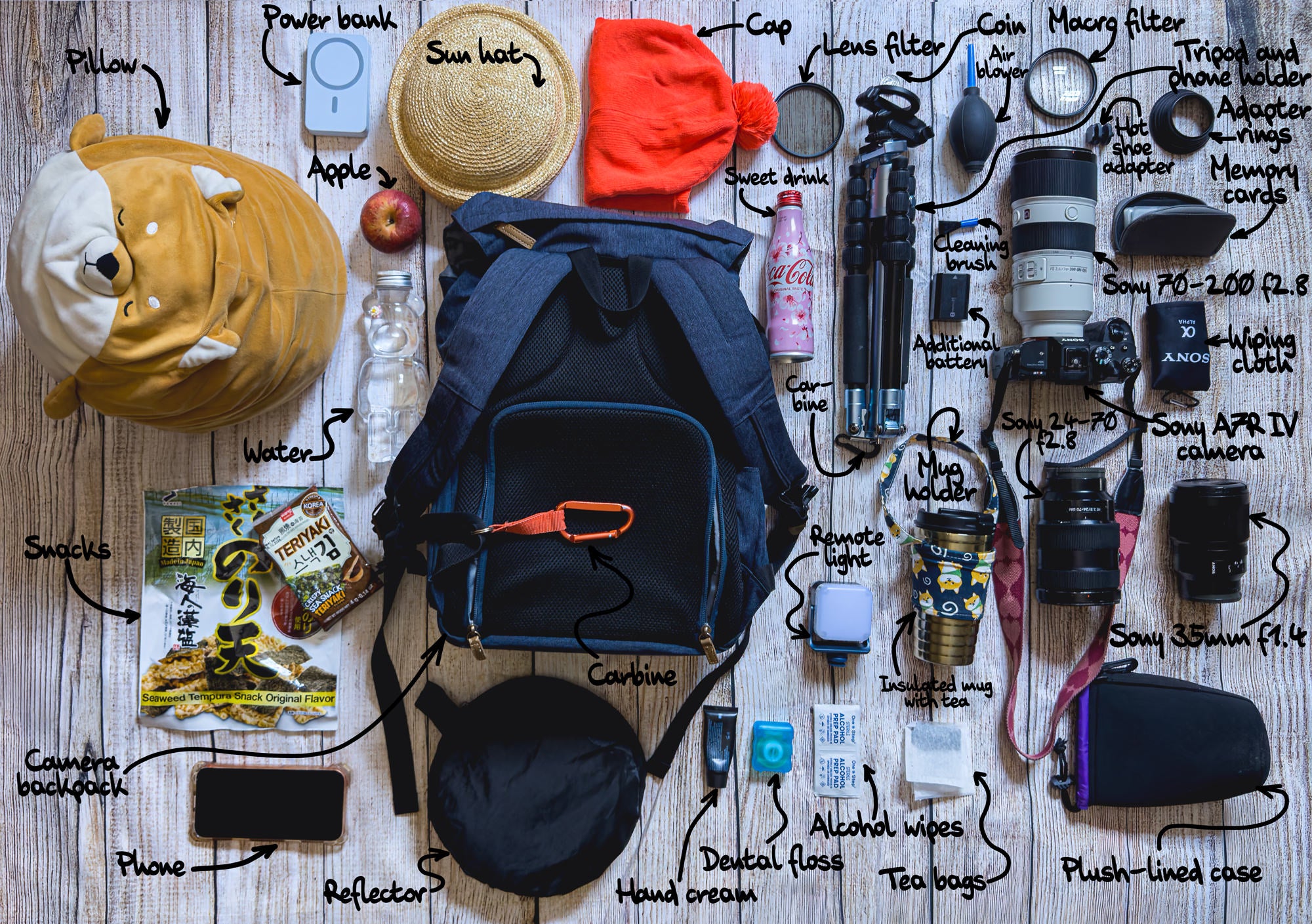 Overhead view of Kristina Makeeva&rsquo;s labeled travel photography kit, including a camera backpack, Sony camera and lenses, tripod, filters, memory cards, batteries, power bank, cleaning tools, snacks, water, hat, and personal accessories.