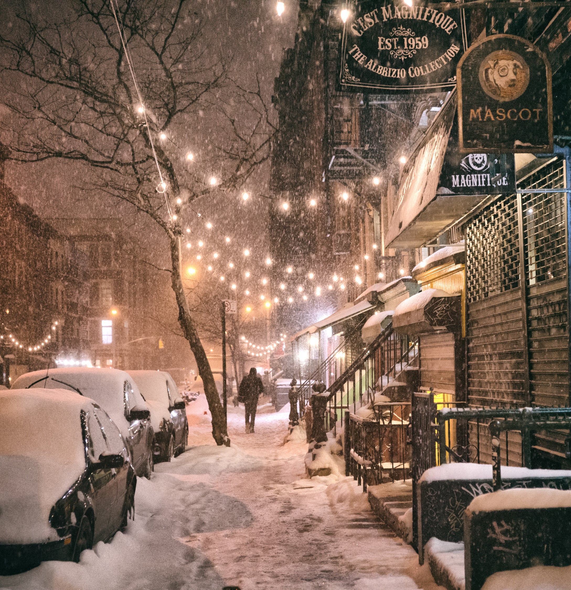 new york city streets at night snow