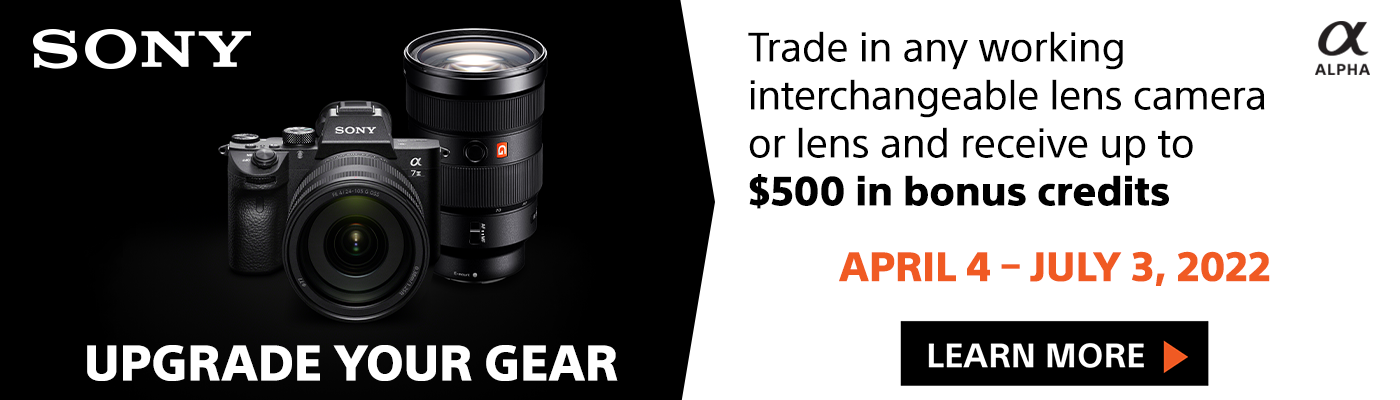 Banner ad for Trade In Trade Up. Trade in any working interchangeable lens camera or lens and receive up to 0 in bonus credits.
