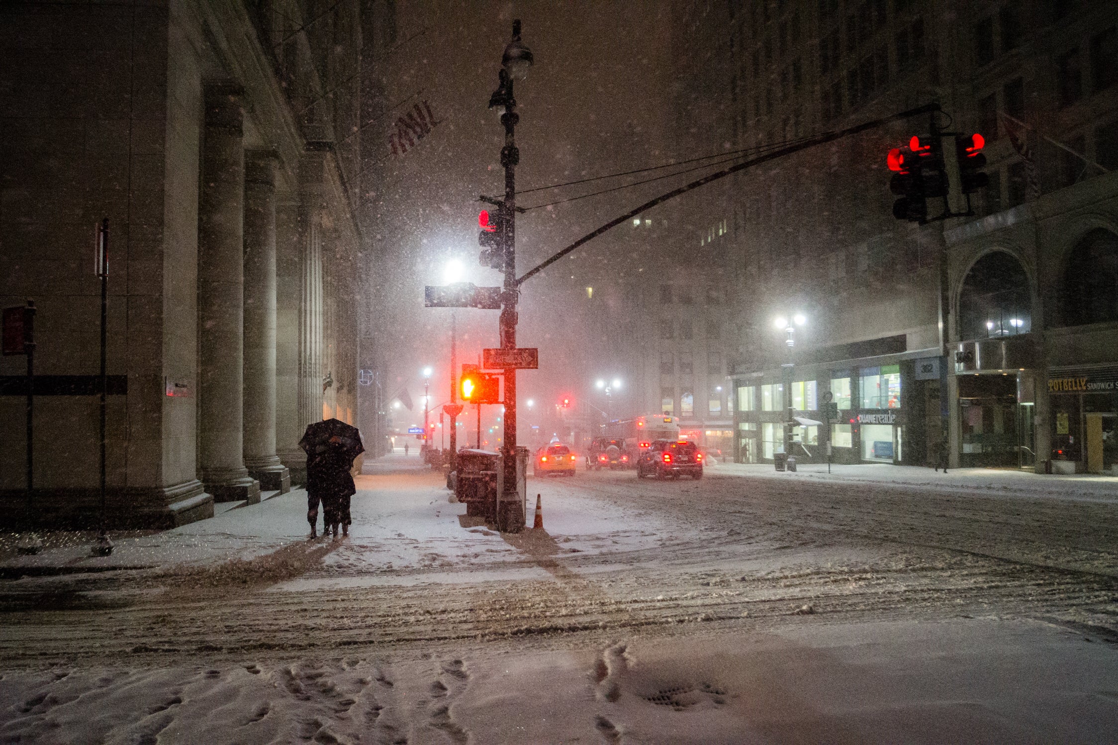 new york city streets at night snow