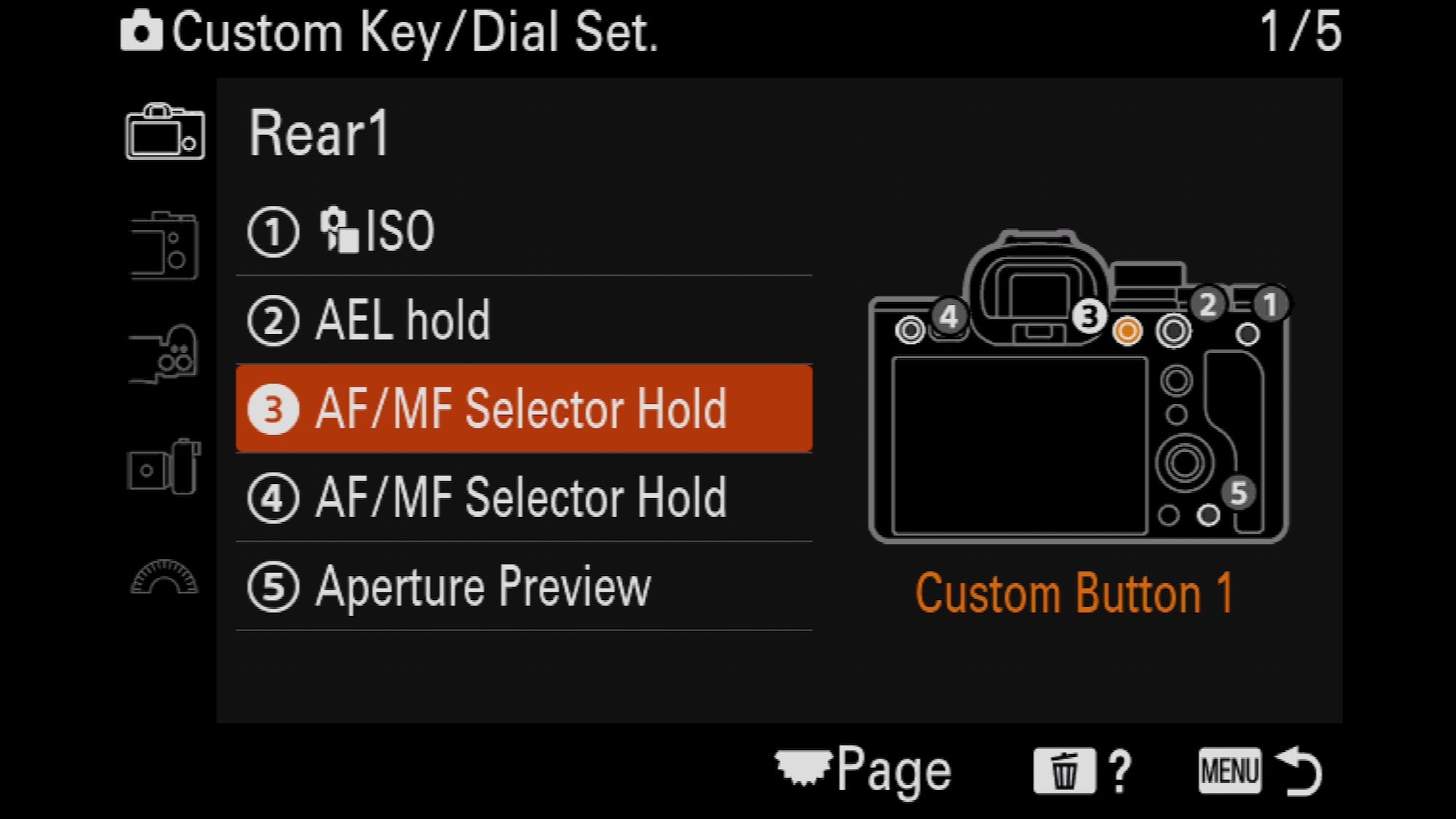 AF/MF Selector Hold Back Button Menu Settings