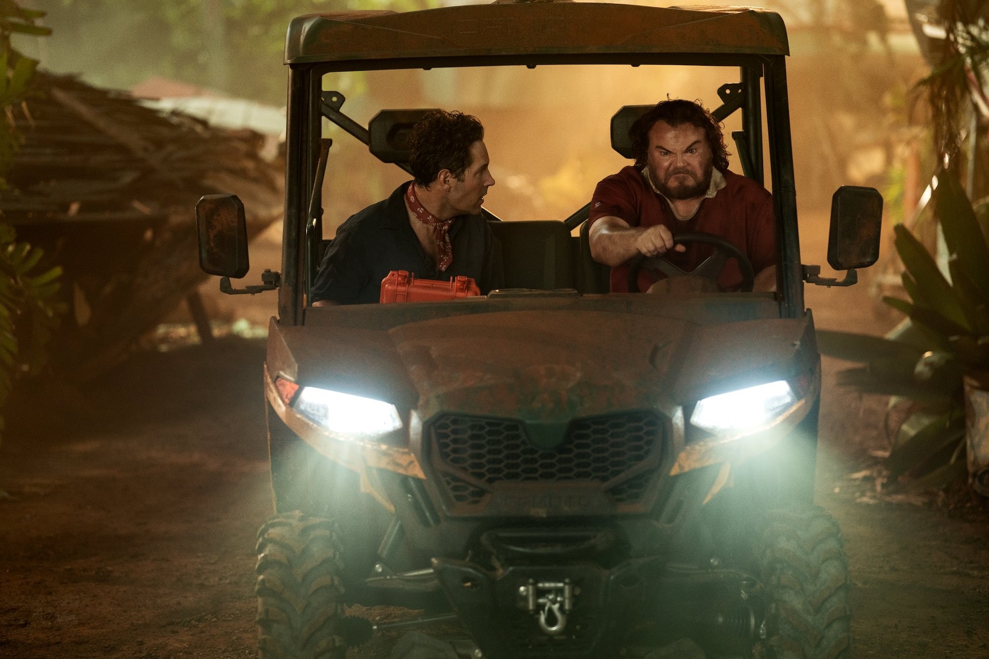 Photo of Paul Rudd and Jack Black driving in jeep from the film Anaconda. Photo of Paul Rudd and Jack Black driving in jeep from the film Anaconda.
