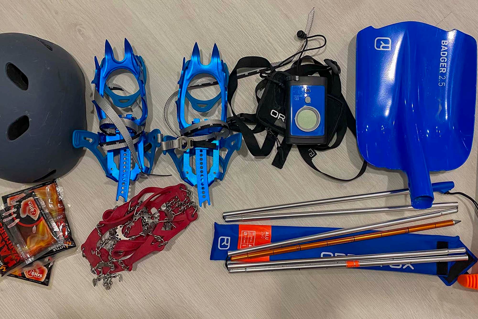An assortment of useful safety gear for ice exploring
