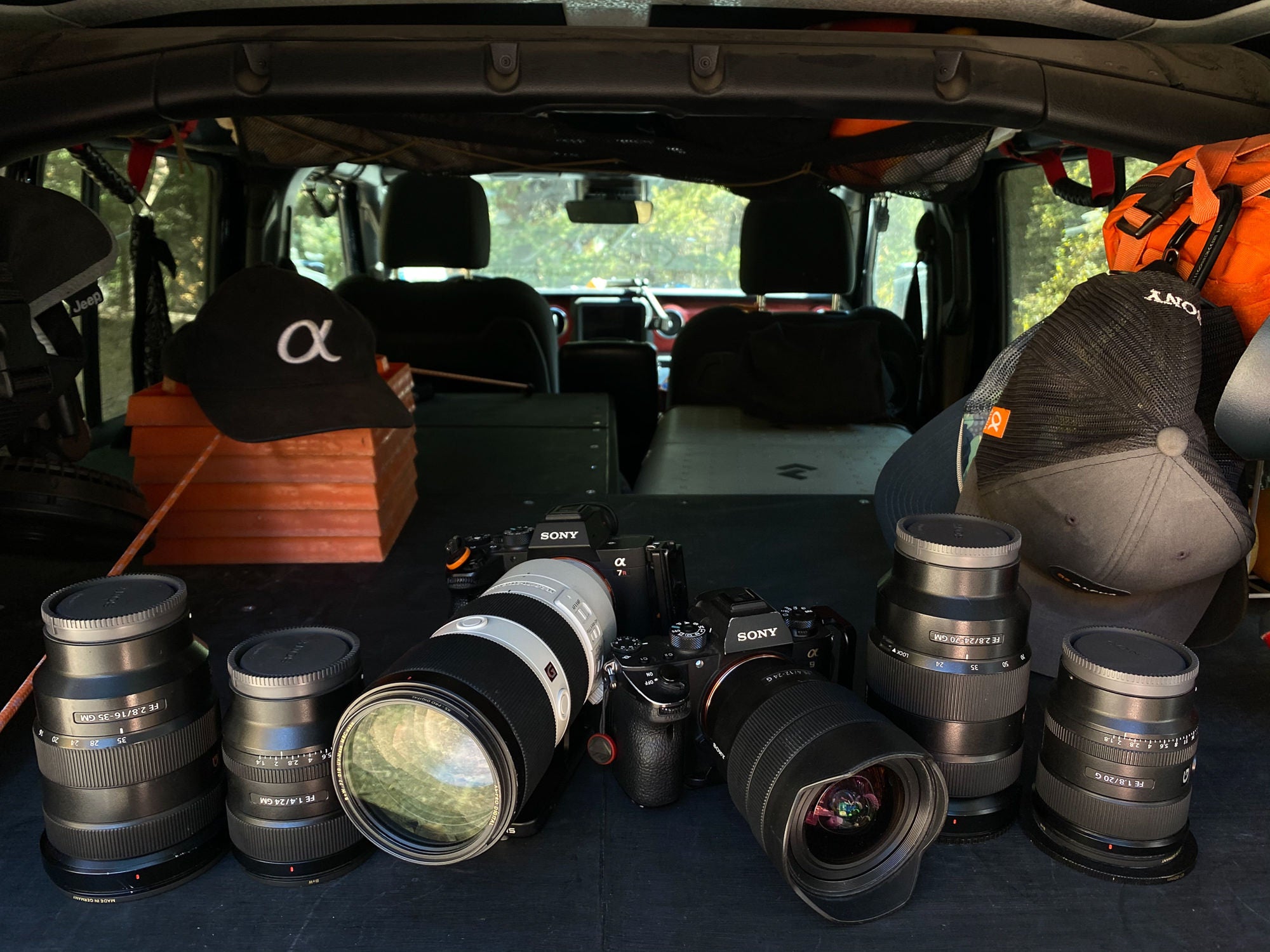 Lawrence Leyderman's overlanding photography gear in his Jeep