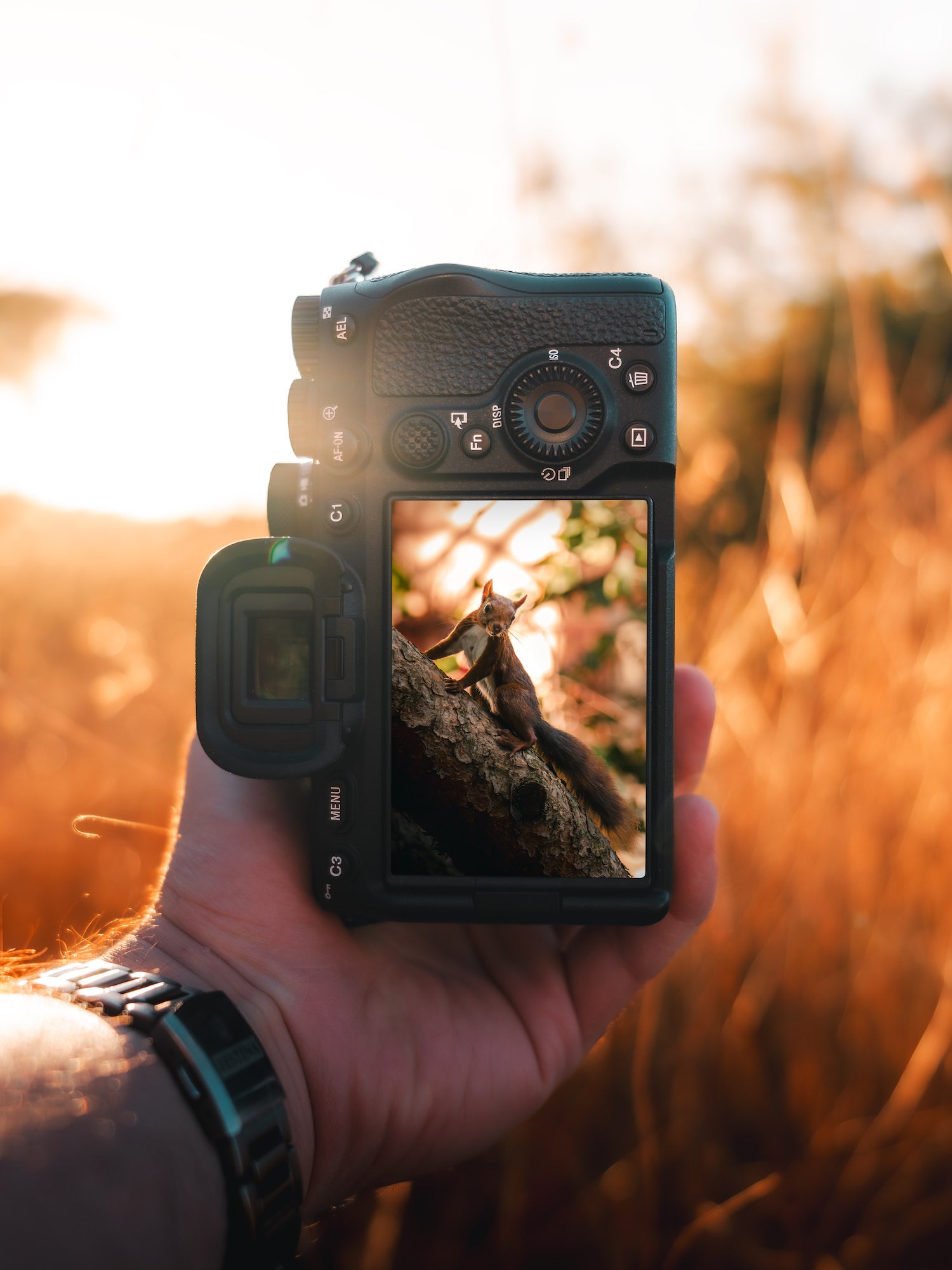 Camera with screen showing squirrel in frame