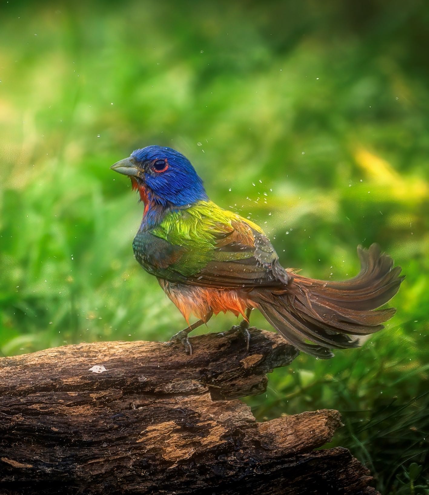 “A Painted Bunting indulges in a refreshing bath – a vibrant watercolor masterpiece.” Photo by Raj Bose. Sony Alpha 1. Sony 100-400mm f/4.5-5.6. 1/2500-sec., f/5.6, ISO 2500