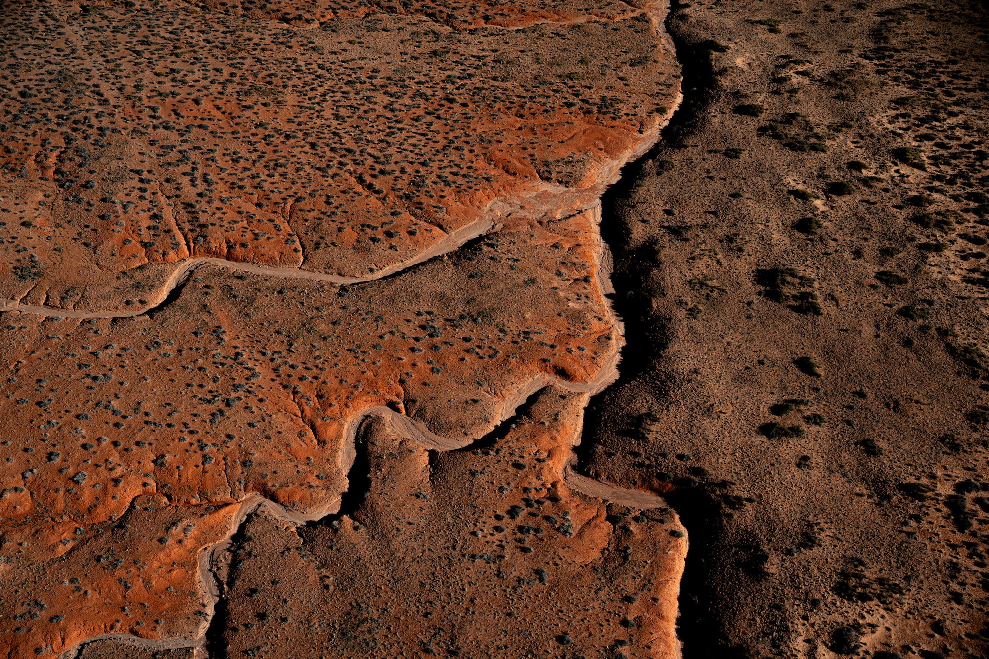 Aerial view of an eroded red-and-brown desert plateau cut by narrow washes and scattered vegetation. Photograph by Sydney Smolla.