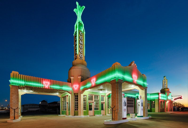 Lit-up Conoco station in Texas at blue hour Lit-up Conoco station in Texas at blue hour