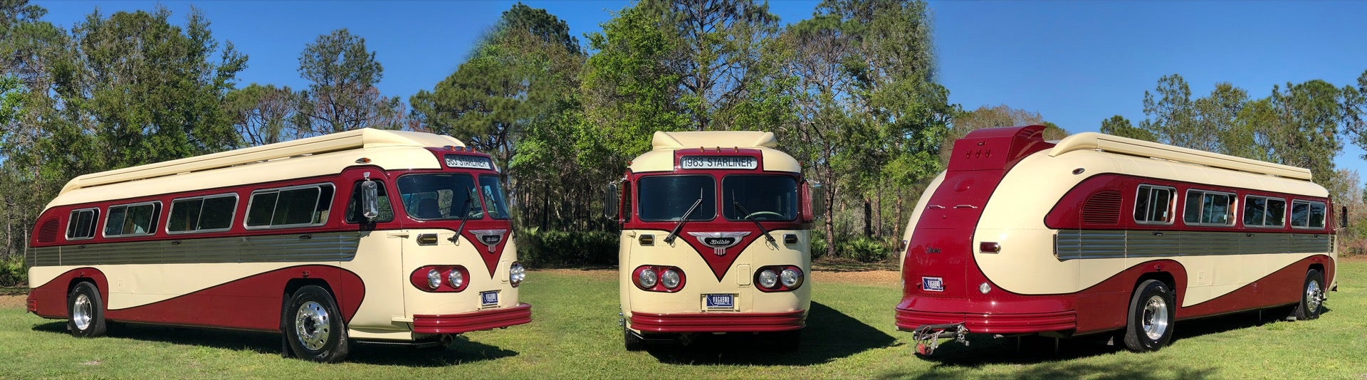 Three views of a large red and white cruiser bus