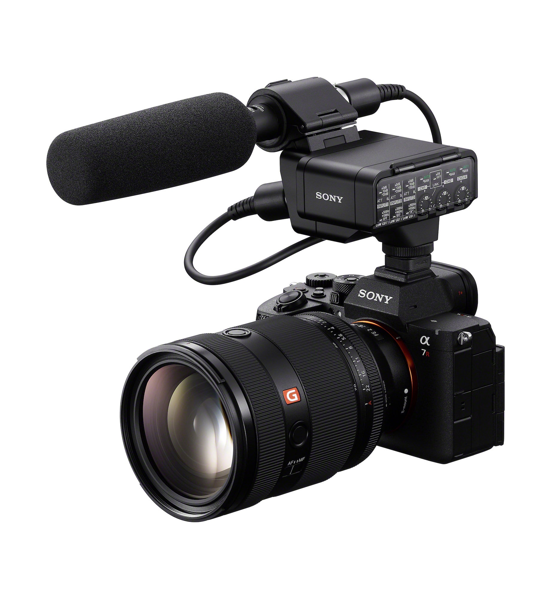 Sony A7R VI with 28-70mm GM lens, XLR-A4 audio adaptor, and ECM-778 microphone attached