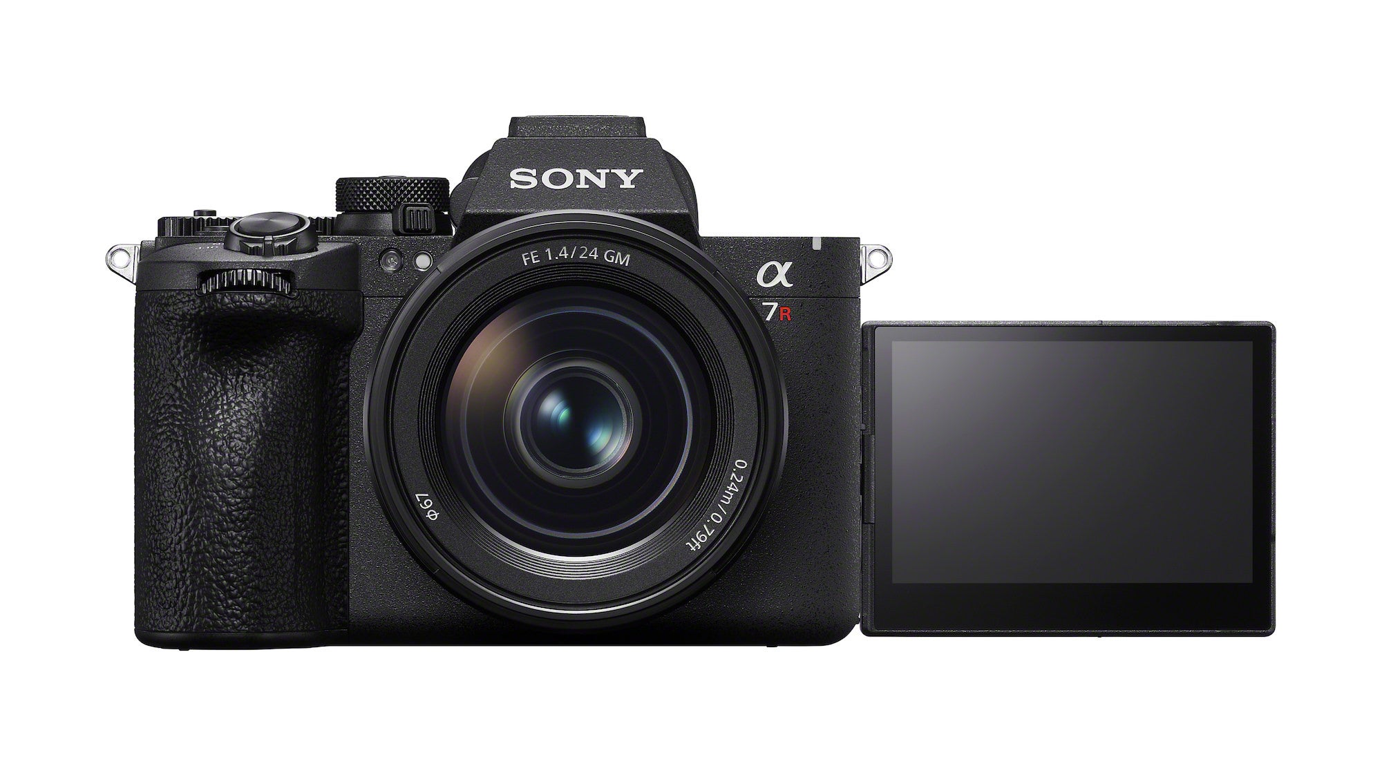 Sony A7R VI camera from the side with 4-axis articulated LCD screen extended