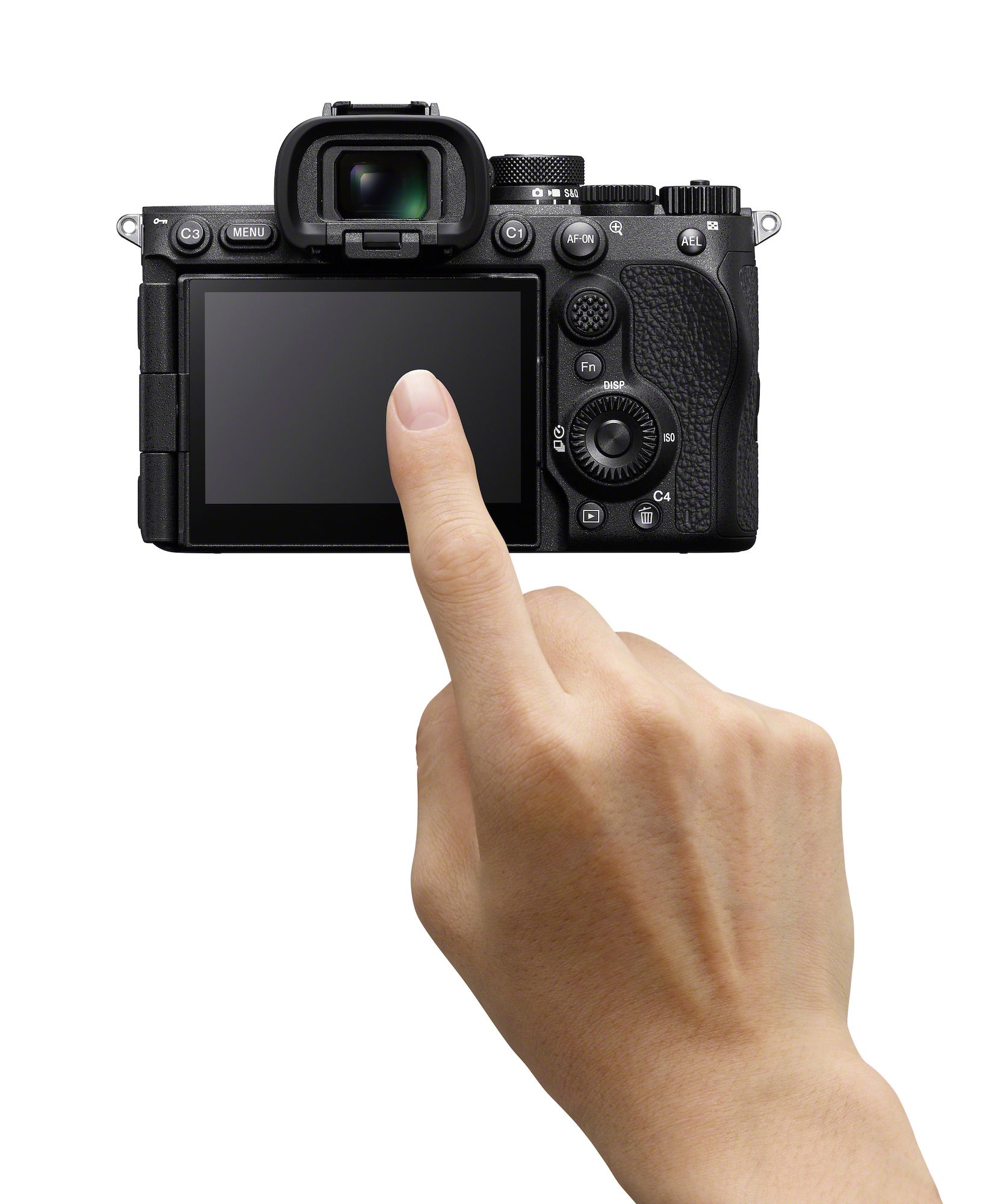 Sony A7R VI rear touchscreen display in use, showing 4-axis articulated LCD