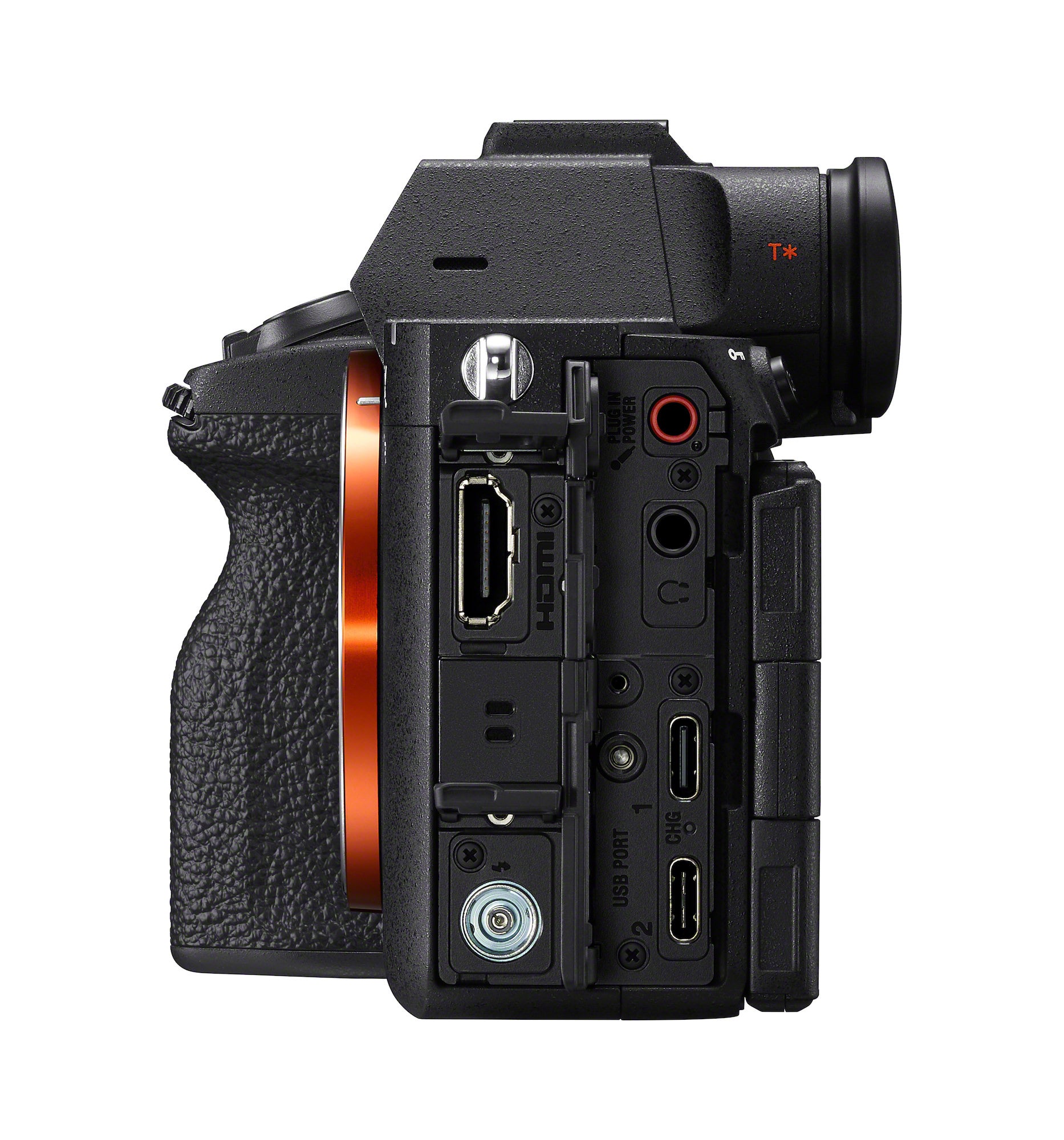 Sony A7R VI connection ports including dual USB-C and audio jacks