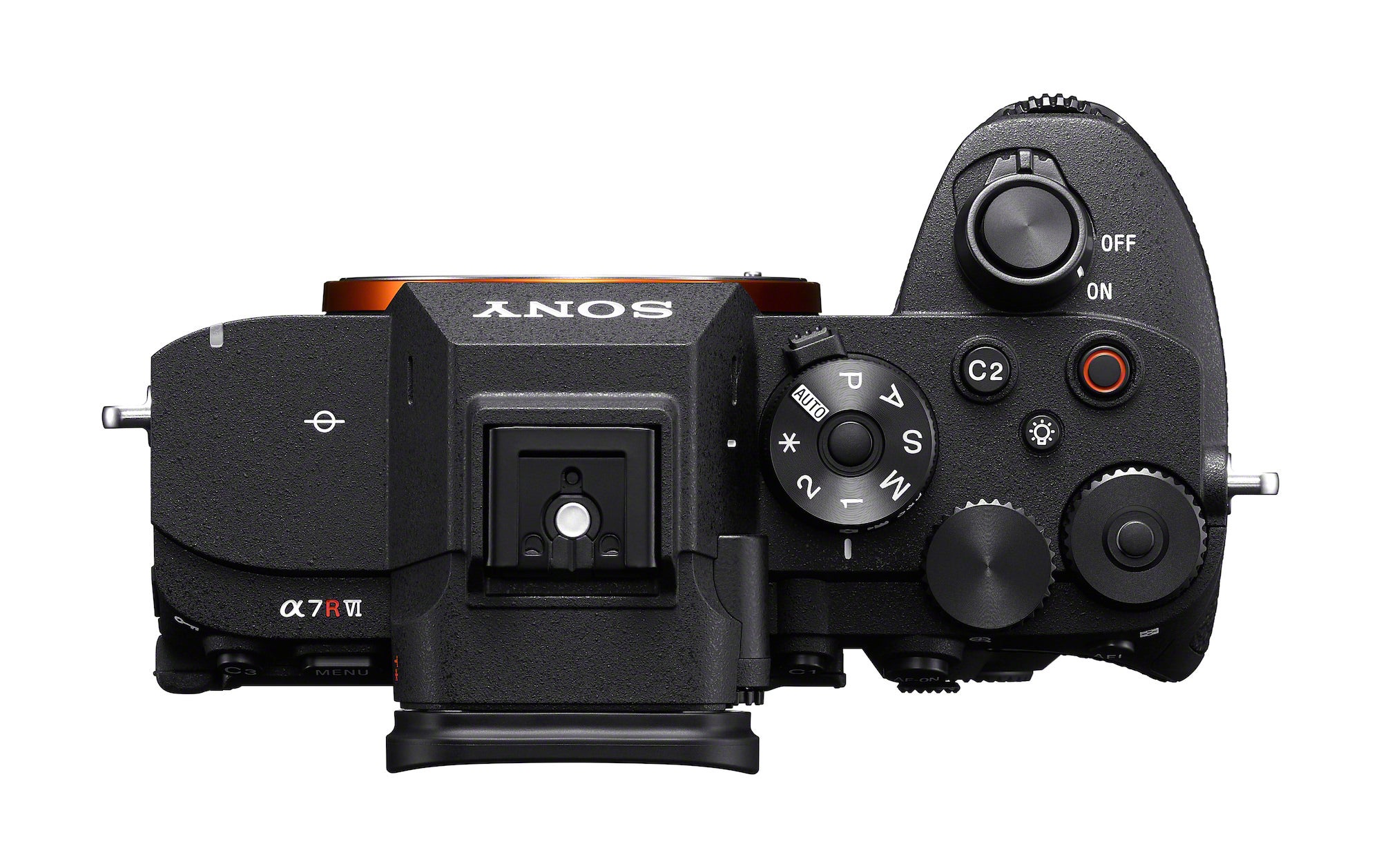 Sony A7R VI top plate with illuminated buttons and mode dial