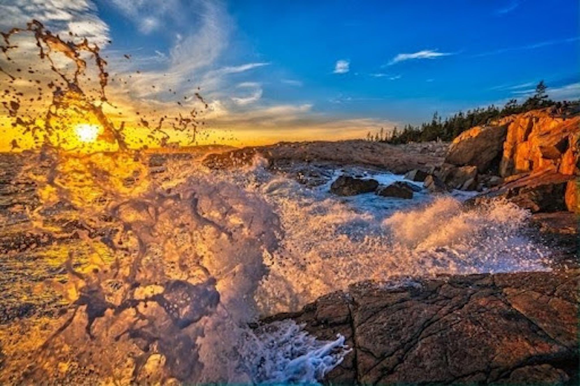 Sunset wave explodes against a rocky coastline, golden spray backlit by the sun with pine-lined cliffs under a vivid blue sky.
