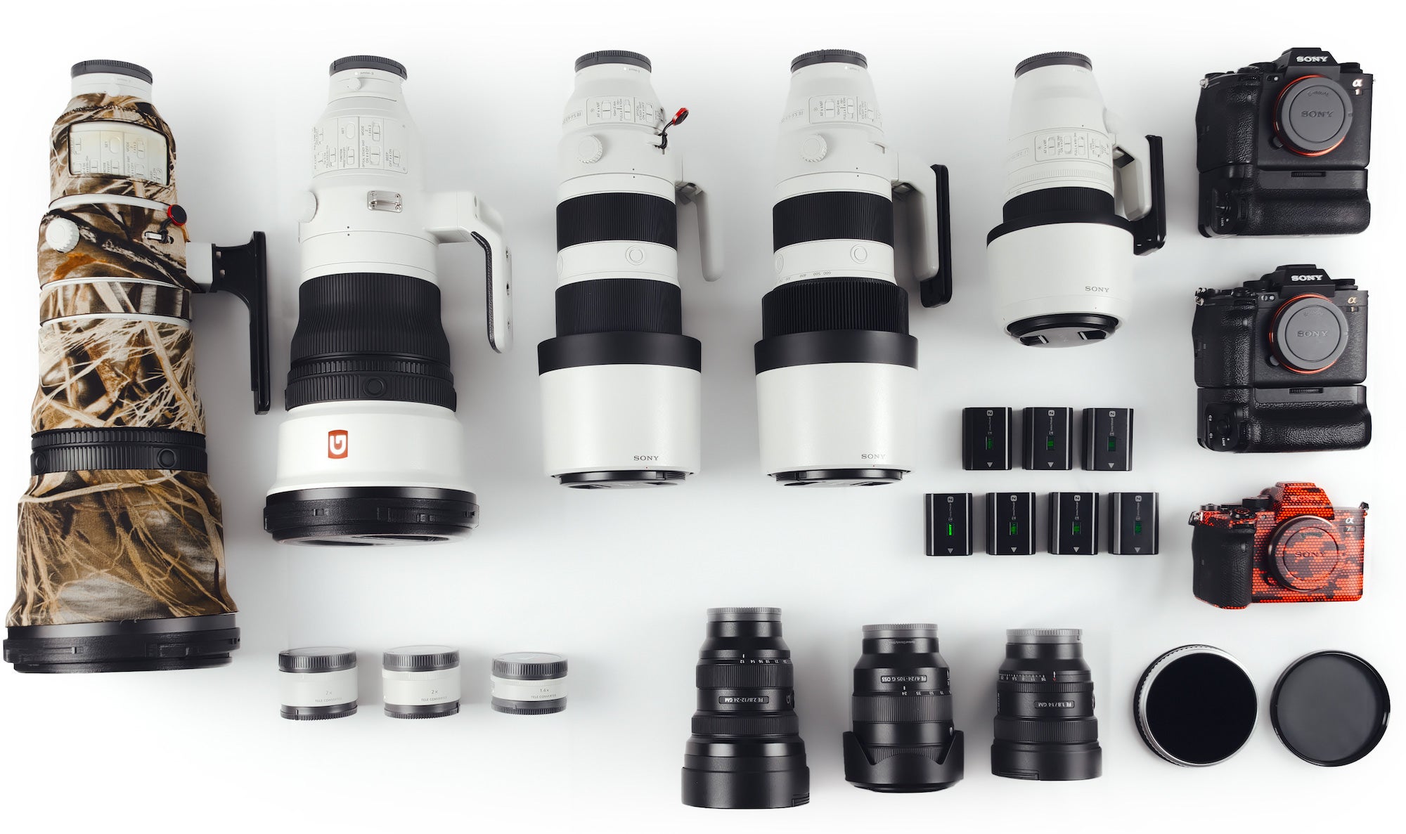 Flatlay of Sony Alpha cameras and lenses