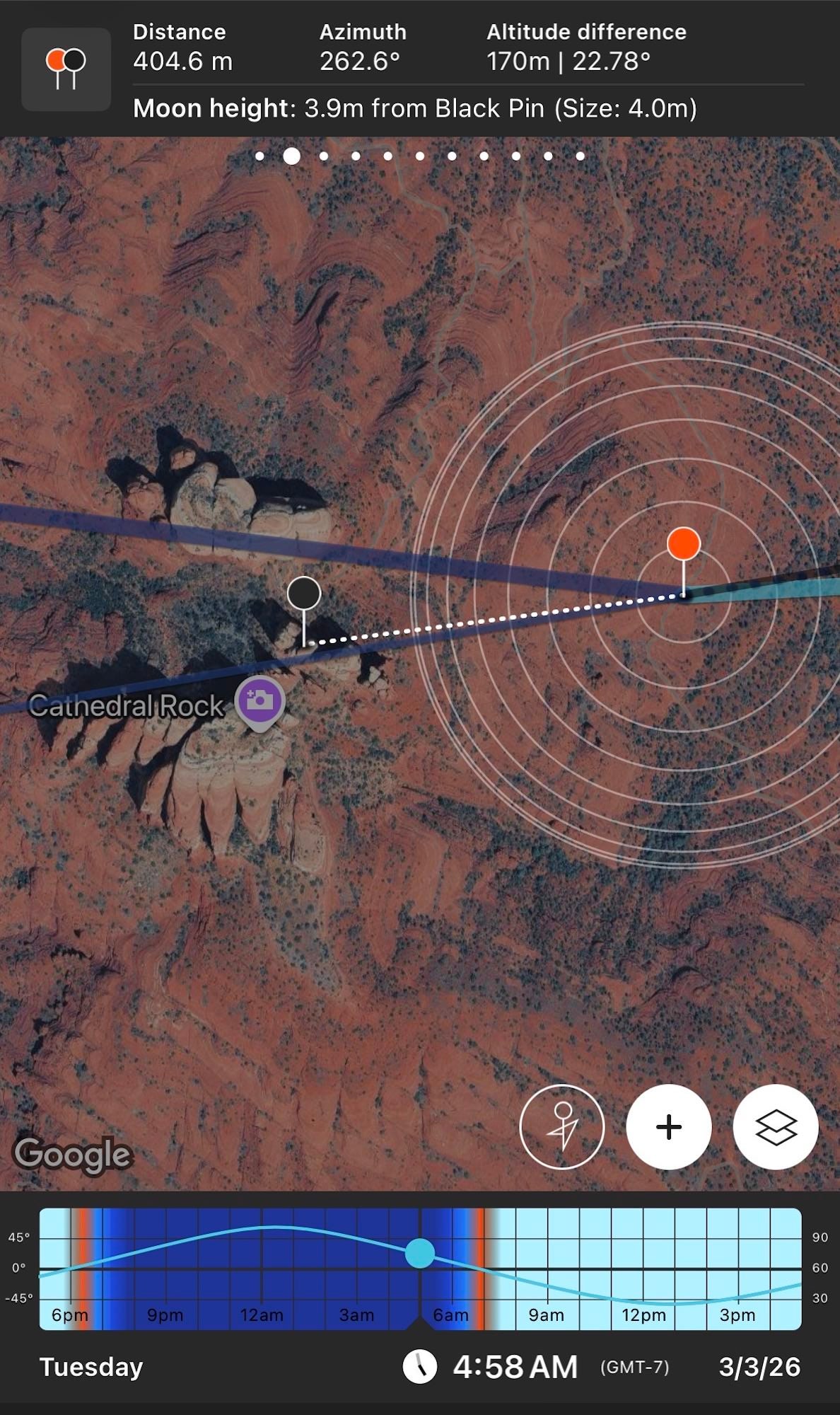 PhotoPills planning map showing moon azimuth, distance, and alignment line over Cathedral Rock terrain.