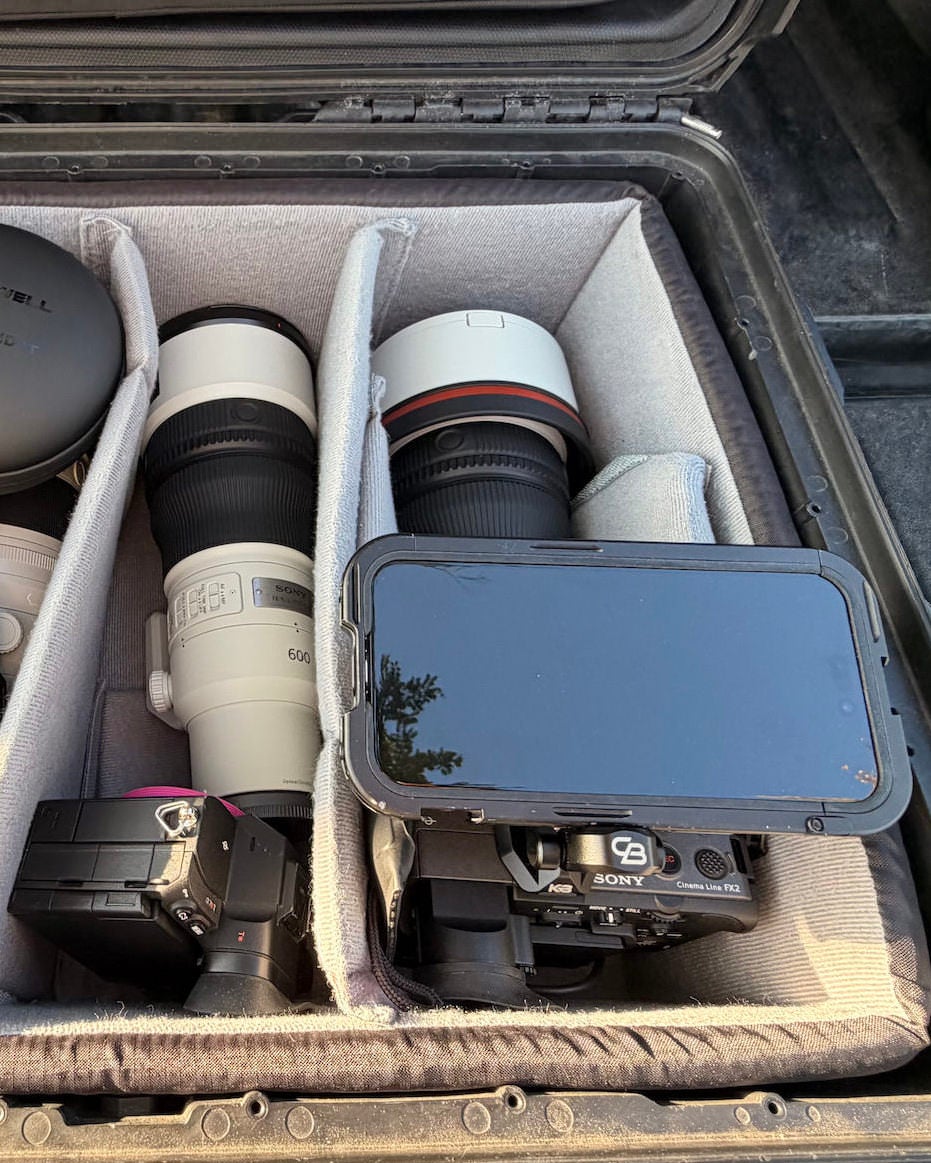 Camera bodies and Sony telephoto lenses packed in a padded hard case.