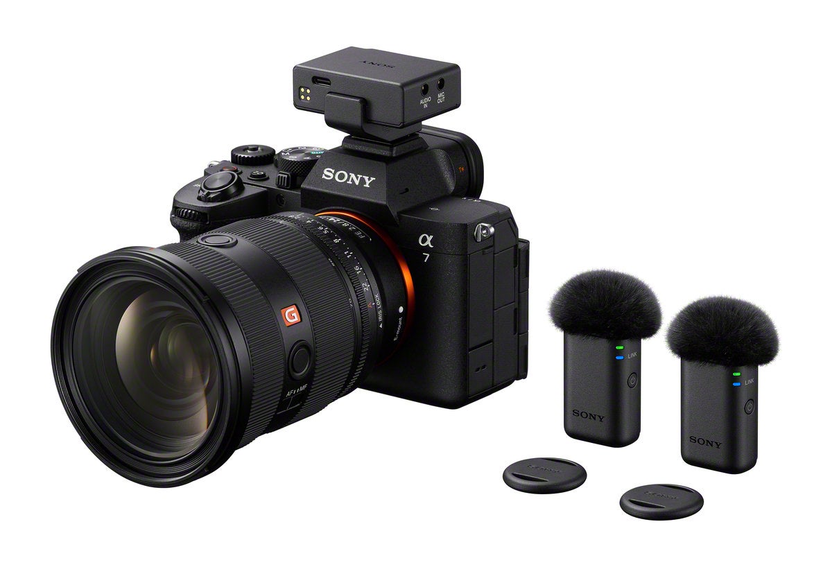 Sony Alpha 7 V with 24-70mm G Master lens and ECM-W5 wireless microphone receiver, two transmitters and clips