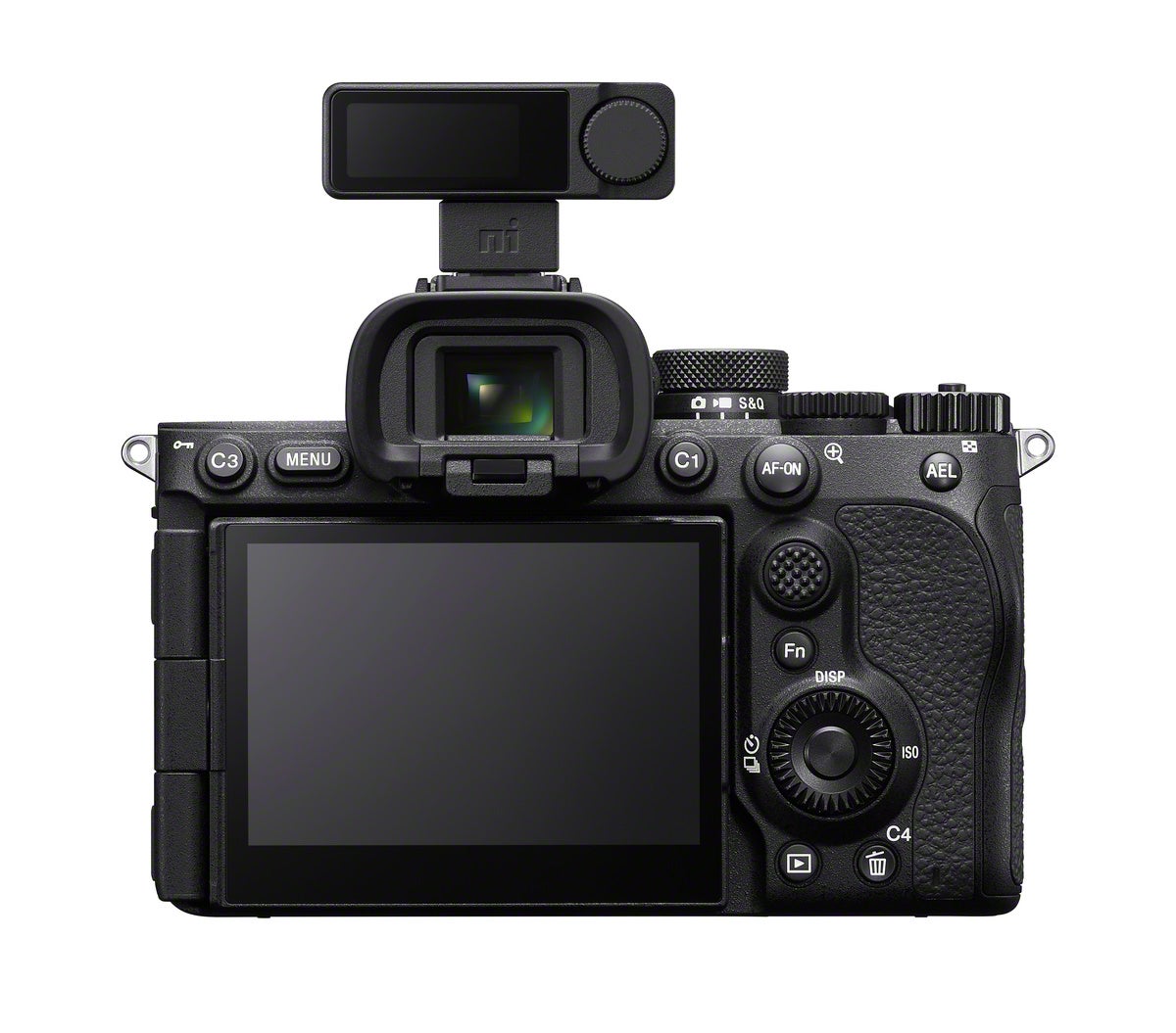 Rear view of a Sony Alpha 7 V body with an ECM-W5 shoe adapter mounted on the hot shoe, on white.