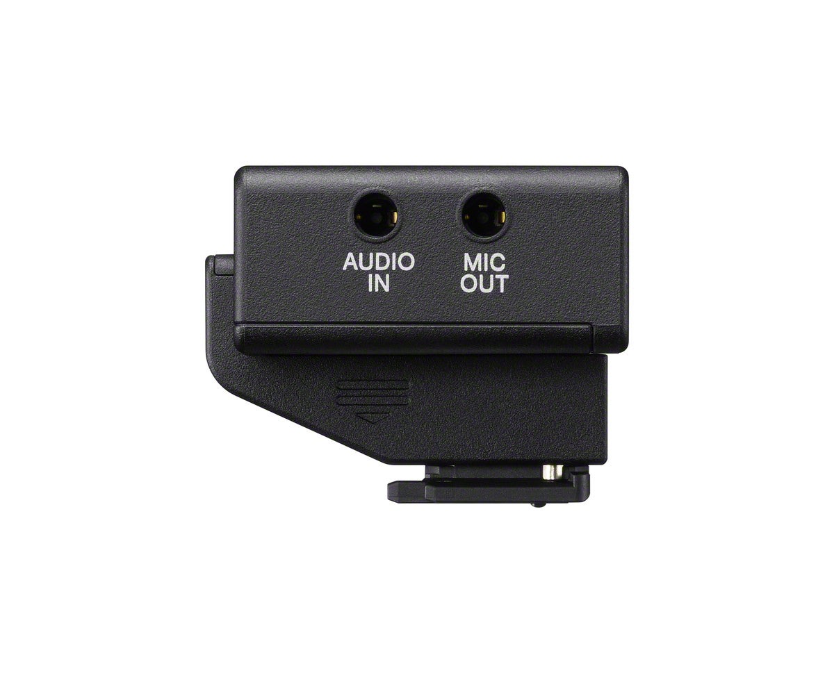 ECM-W5R wireless microphone receiver seen from the side, showing AUDIO IN and MIC OUT jacks and shoe mount foot