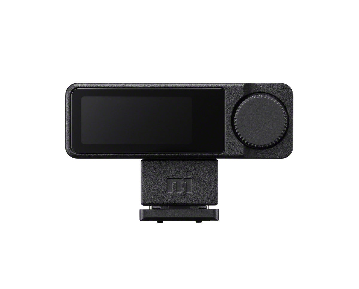 Rear view of the ECM-W5R black wireless microphone receiver with display screen, control dial and shoe mount.