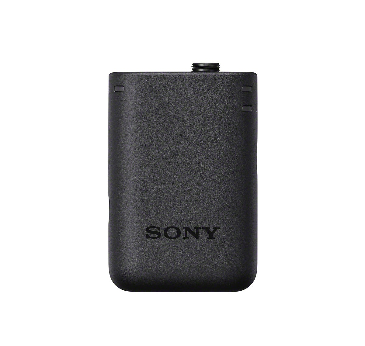 Sony ECM-W5T black wireless microphone transmitter shown front-on against a white background.