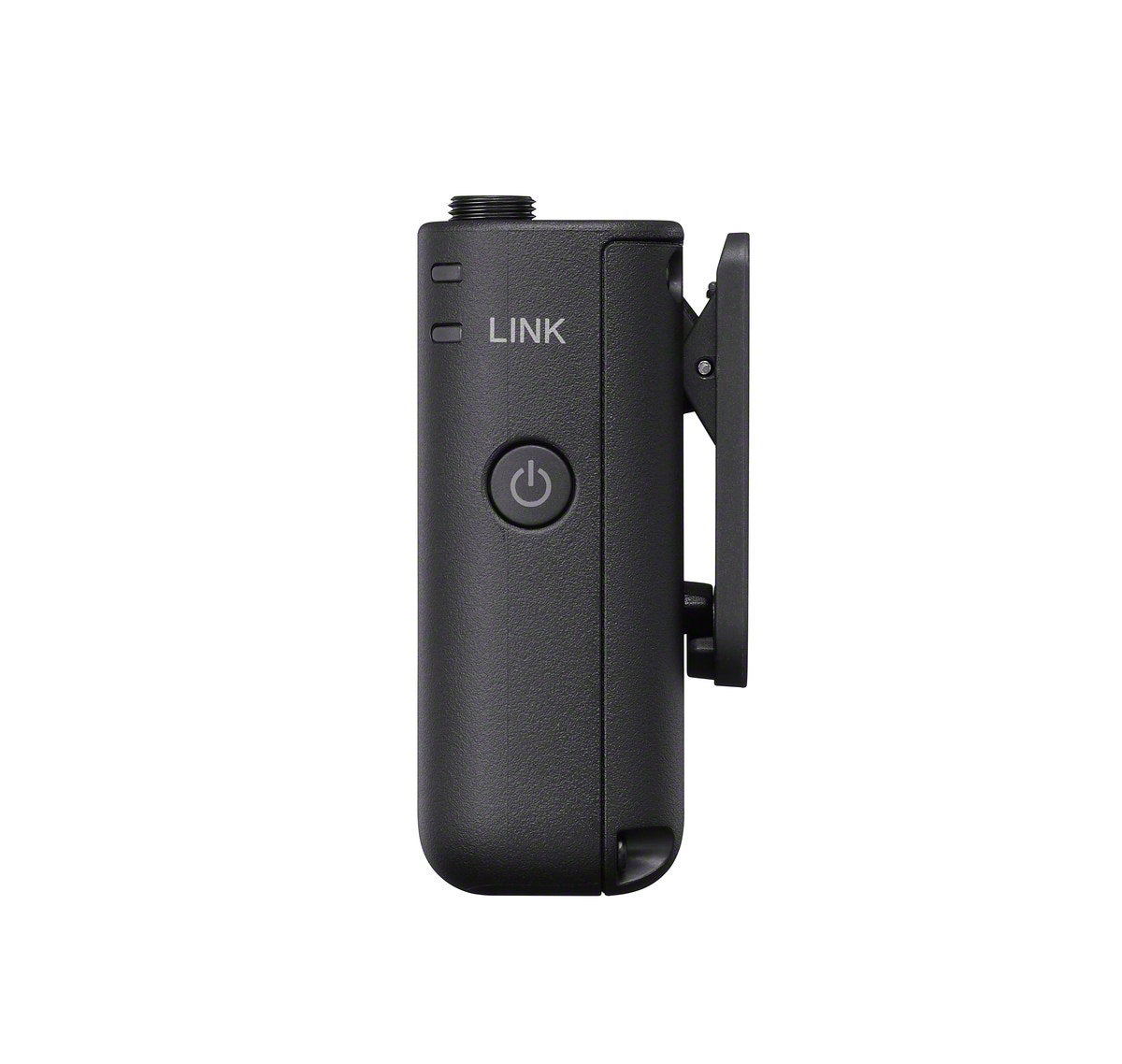 Side view of the black ECM-W5 wireless microphone transmitter showing its power button, LINK label and belt clip.