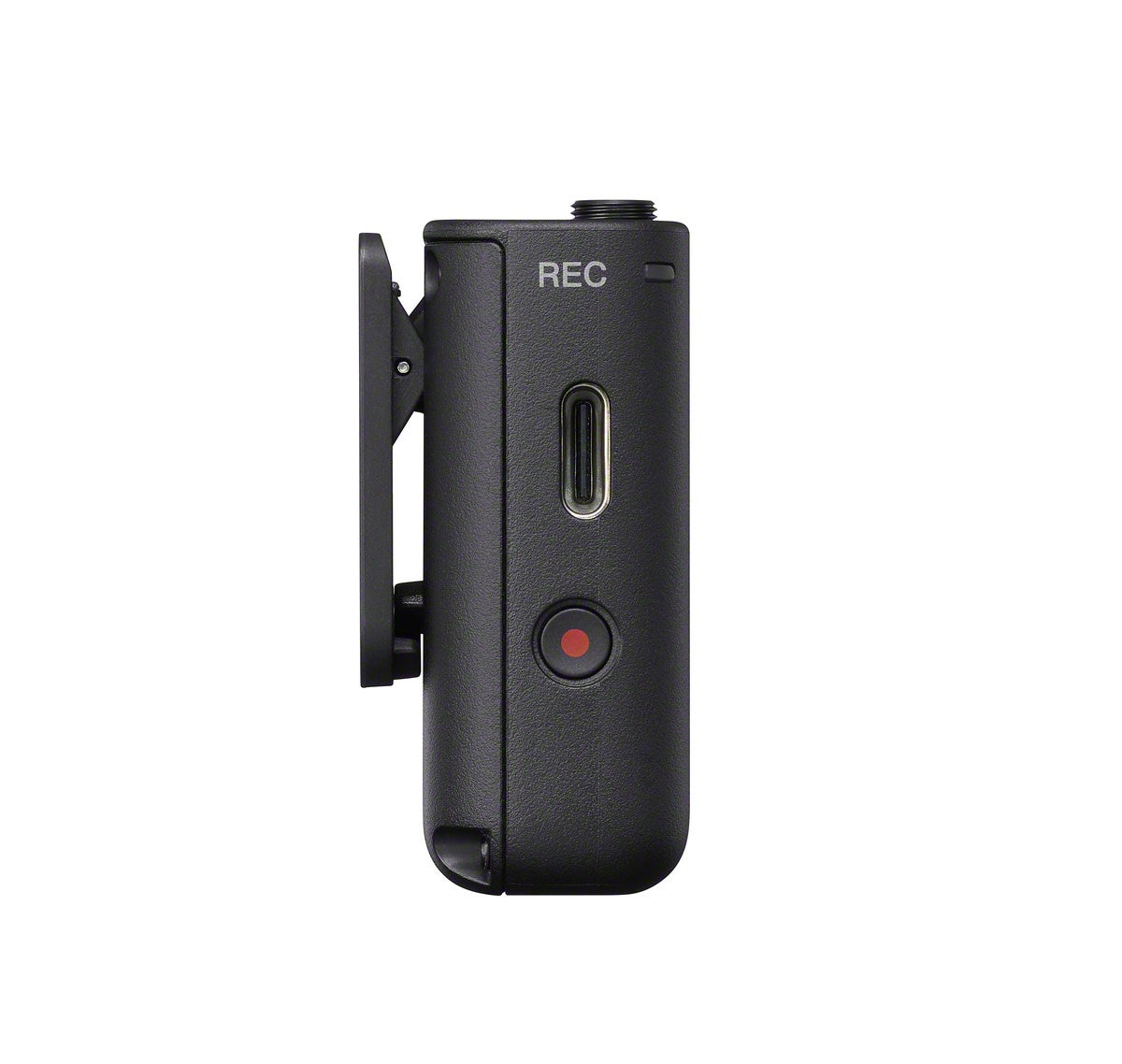 Side view of the black Sony ECM-W5T wireless microphone transmitter showing USB-C port and red REC button.