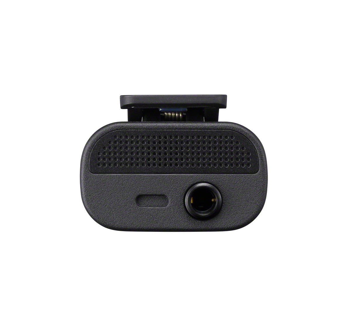 Top view of the black ECM-W5T wireless microphone receiver showing its multi-interface shoe mount and headphone jack.