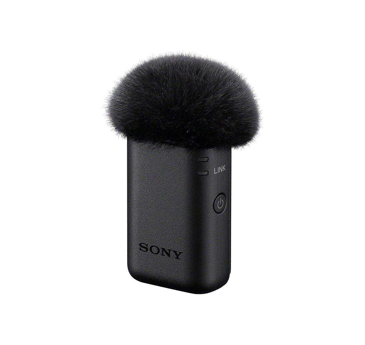 Sony ECM-W5T wireless microphone transmitter with furry windscreen attached, on a white background.