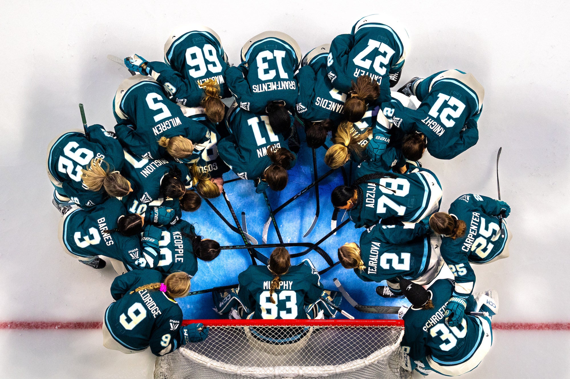 Overhead huddle of a teal‑jersey team around their goalie in the crease, sticks crossed in the center.