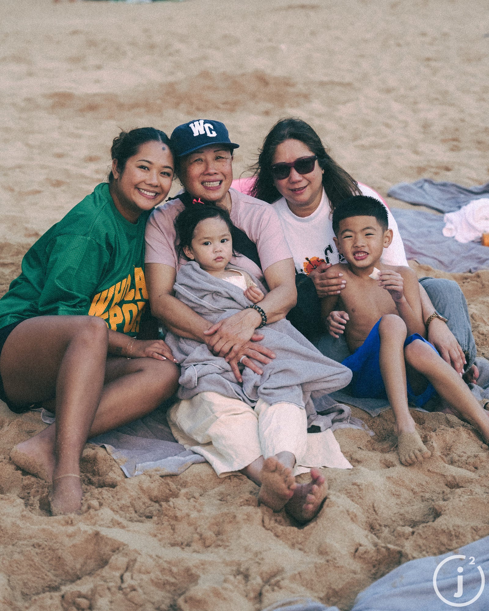 Family sitting together on the beach