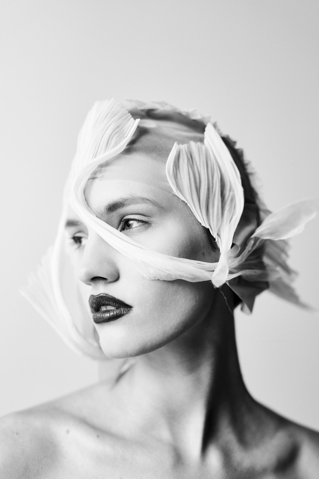 Black-and-white beauty portrait of a model with dark lips wrapped in sheer draped fabric, looking to the side. Black-and-white beauty portrait of a model with dark lips wrapped in sheer draped fabric, looking to the side.