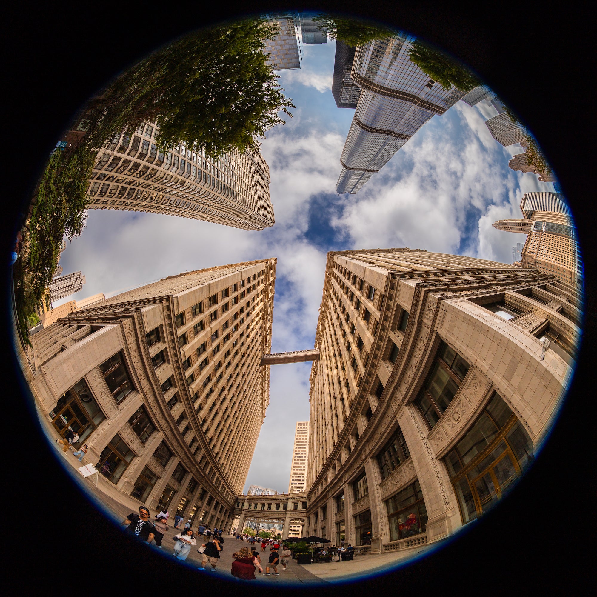 Fisheye view looking upward between ornate stone high-rises, with a skybridge and leafy branches framing a cloud-filled blue sky. Photo by Mike Meyers. Alpha 7R V. 8-14mm f/3.5 Fisheye G. 1/1250-sec. f/8. ISO 100.