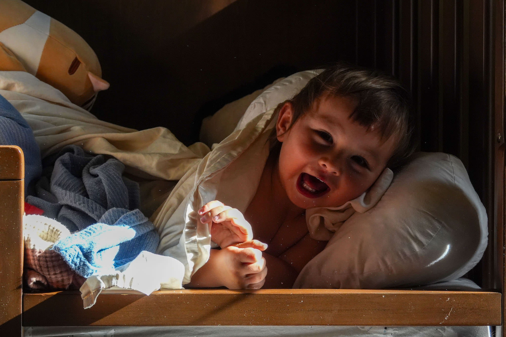 (Laughing child) A young child laughs with pure, uninhibited joy while nestled in a cozy bunk bed, dramatic natural light streaming in to illuminate the moment &mdash; the Sony RX10 V capturing every candid detail.