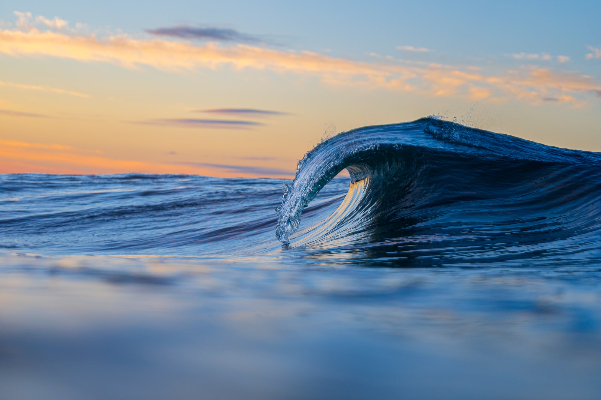 A wave cresting in the ocean at sunset
