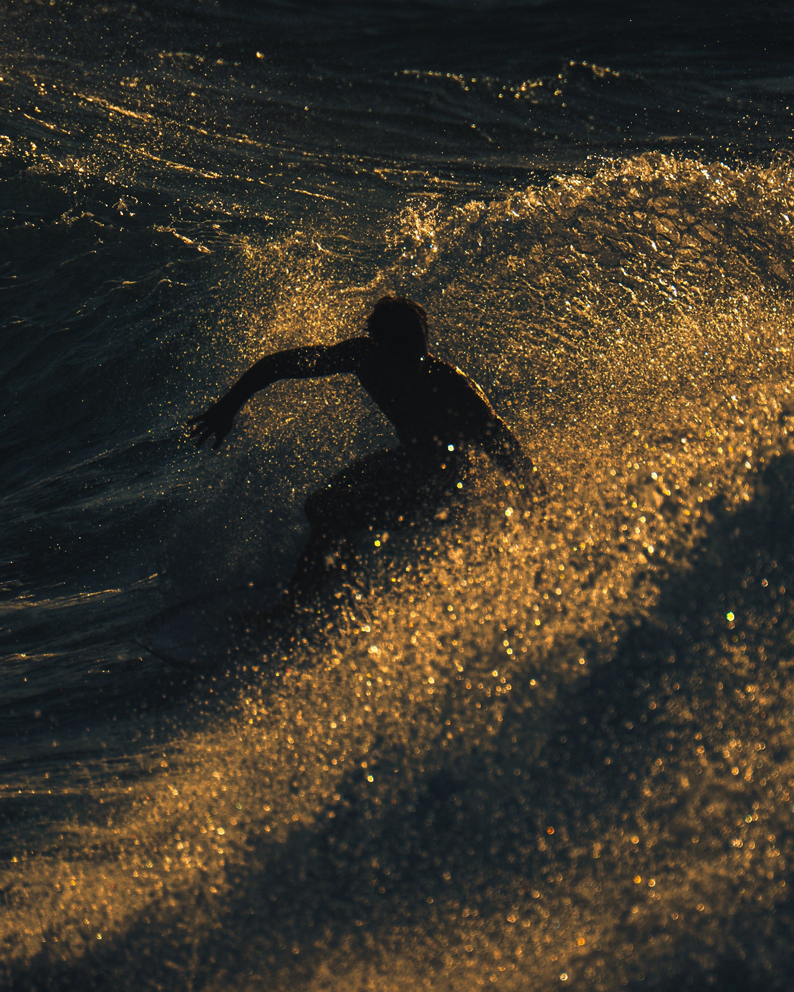 A surfer's silhouette crouches low inside a glittering golden wave, surrounded by a cascade of sun-lit spray captured at magic hour.