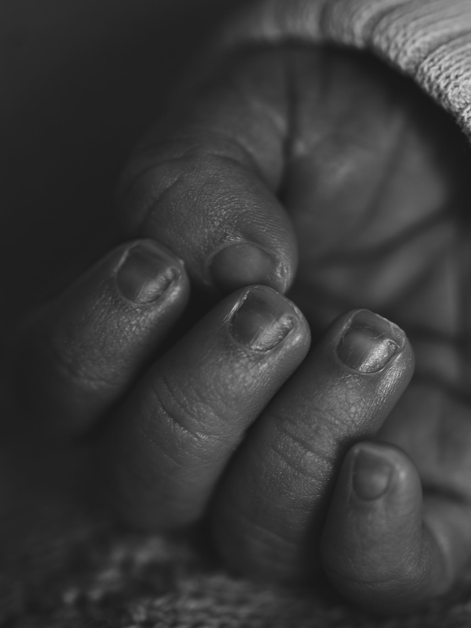 Black‑and‑white close‑up of a newborn&rsquo;s hand and delicate fingernails.