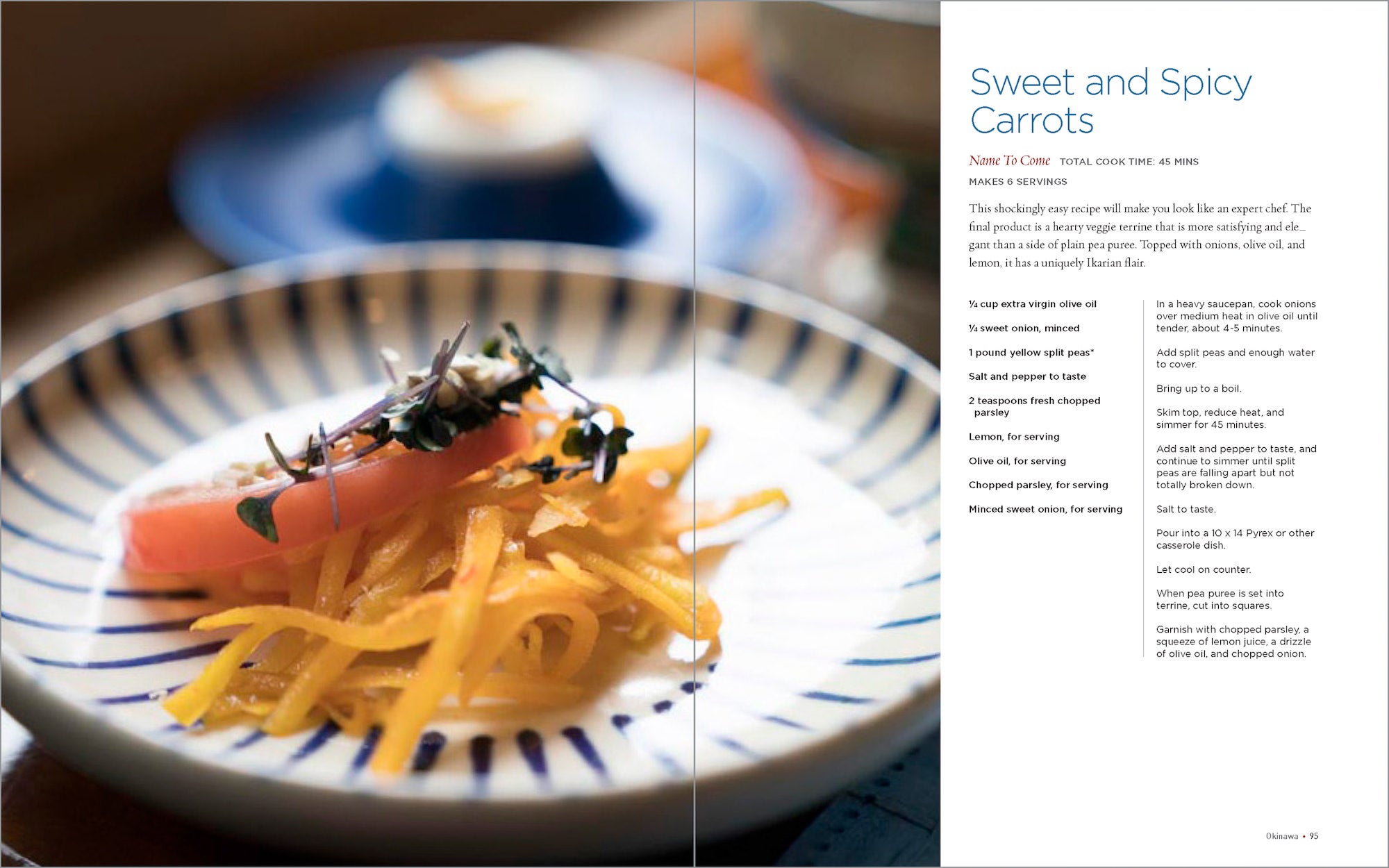 Plated carrot salad with herbs on a striped dish; cookbook recipe text on the right page. Plated carrot salad with herbs on a striped dish; cookbook recipe text on the right page.