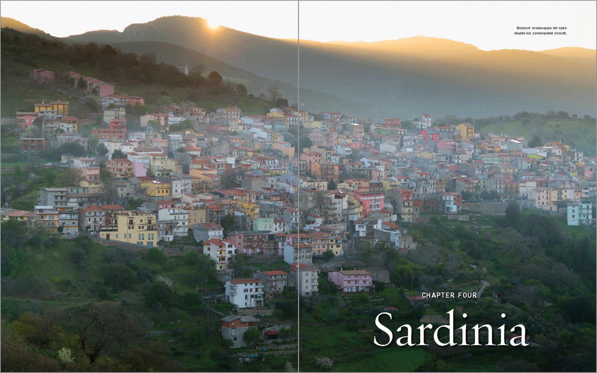 Sunrise over a hillside village in Sardinia with colorful houses nestled in green valleys. Sunrise over a hillside village in Sardinia with colorful houses nestled in green valleys.