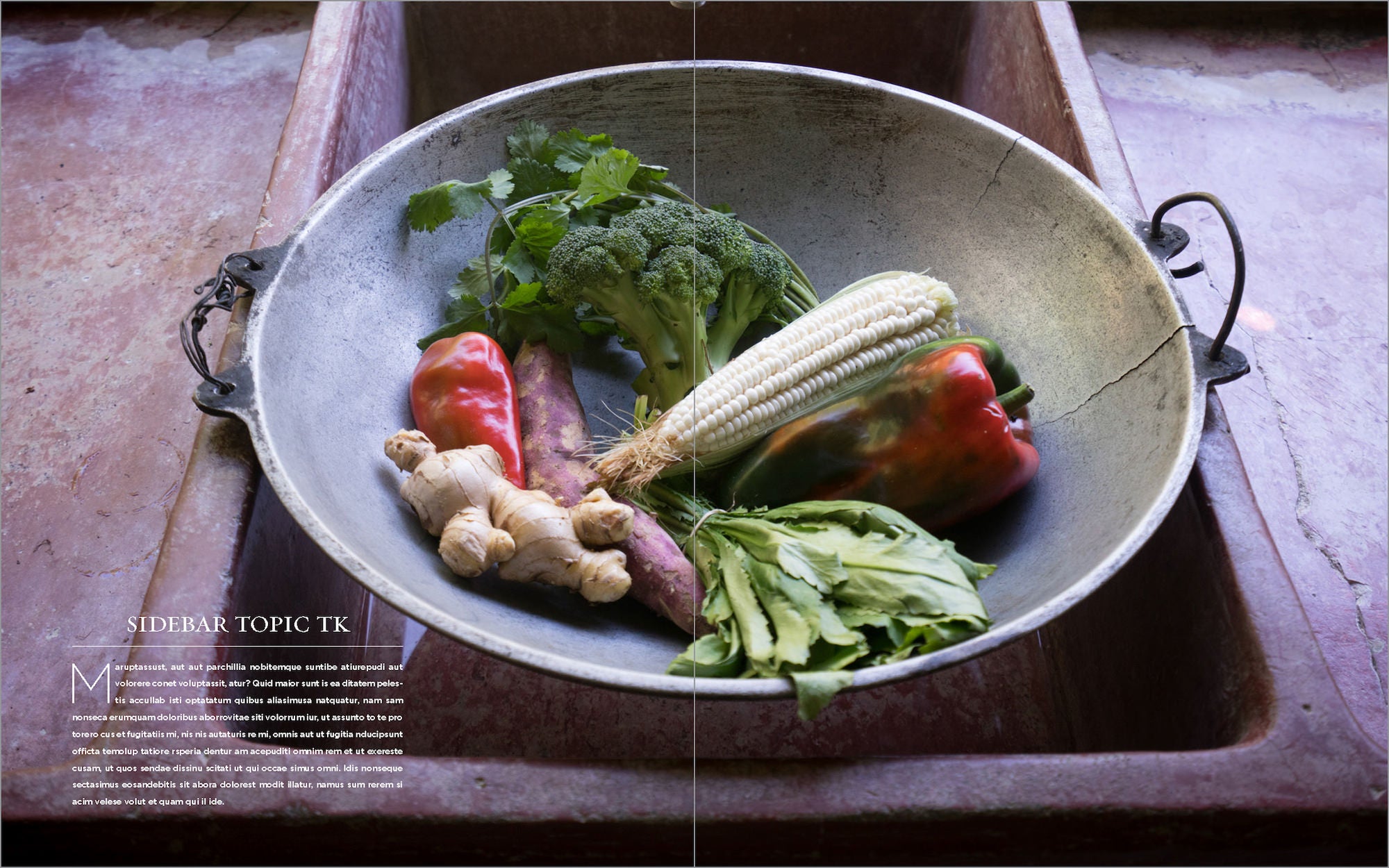 Assorted fresh vegetables—corn, peppers, broccoli, ginger, herbs—arranged in a large metal bowl. Assorted fresh vegetables—corn, peppers, broccoli, ginger, herbs—arranged in a large metal bowl.