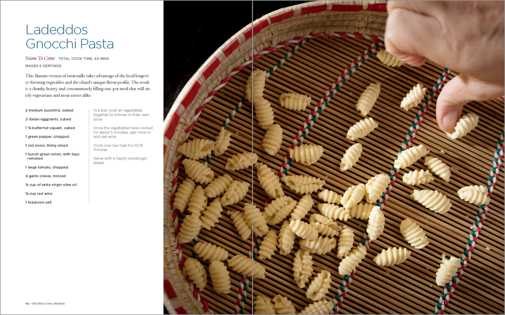 Hand-shaped Sardinian gnocchetti dry on a woven reed tray; cookbook recipe text on the left page. Hand-shaped Sardinian gnocchetti dry on a woven reed tray; cookbook recipe text on the left page.