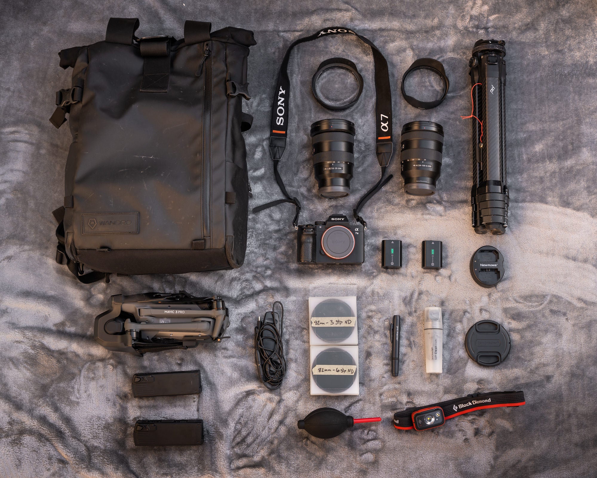 Flat-lay of Jon Engale's landscape photography kit: Sony Alpha camera