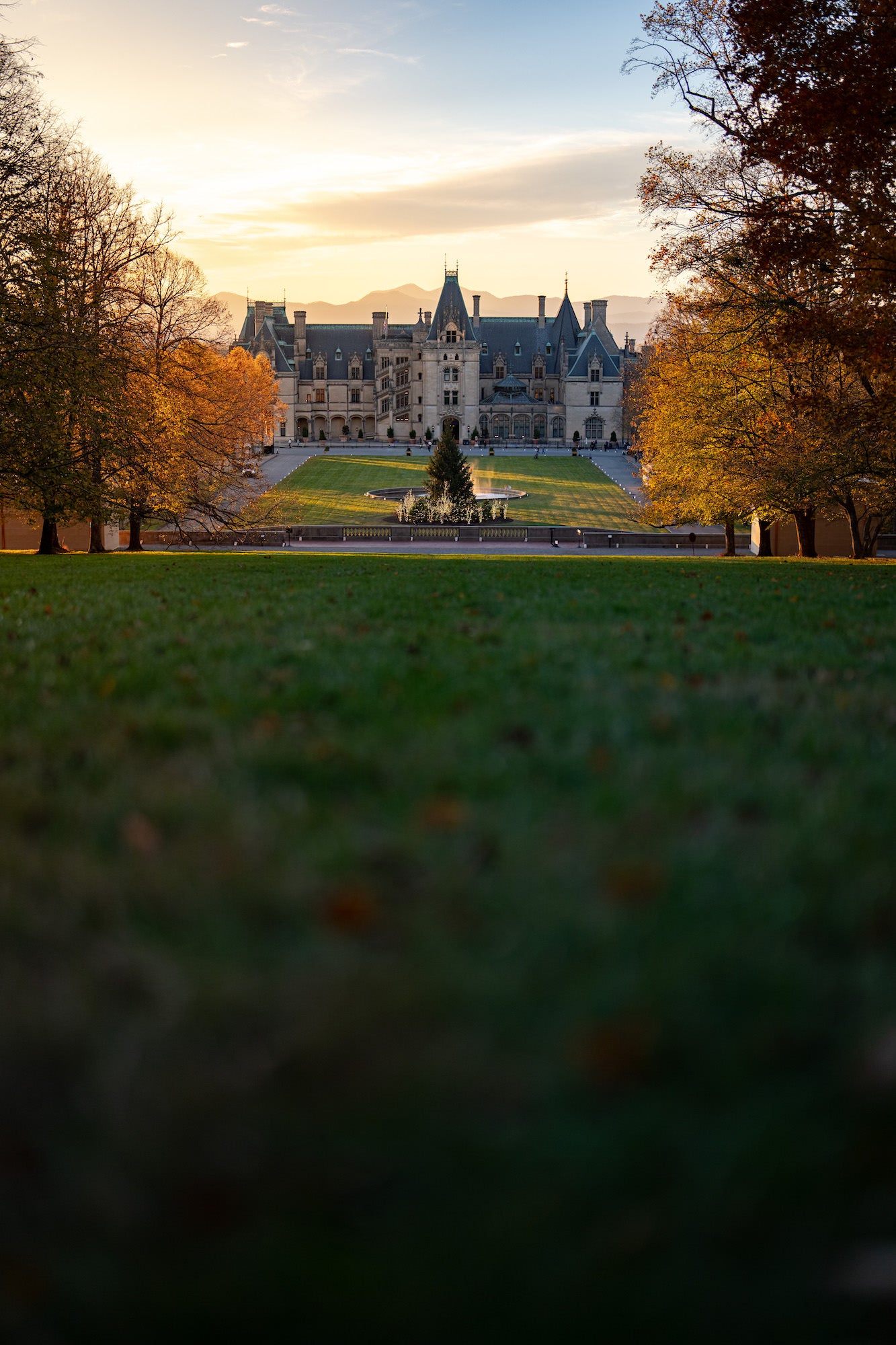 Close view of Biltmore facade at sunset with mountains and tree